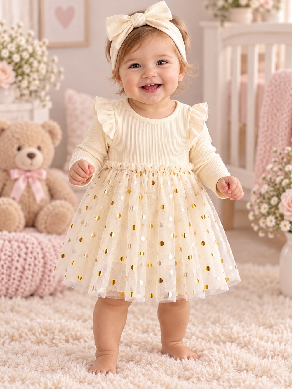 Madison Layne Baby Girl 12M Ivory Gold Dot Tulle Dress Bloomer Set NWT
